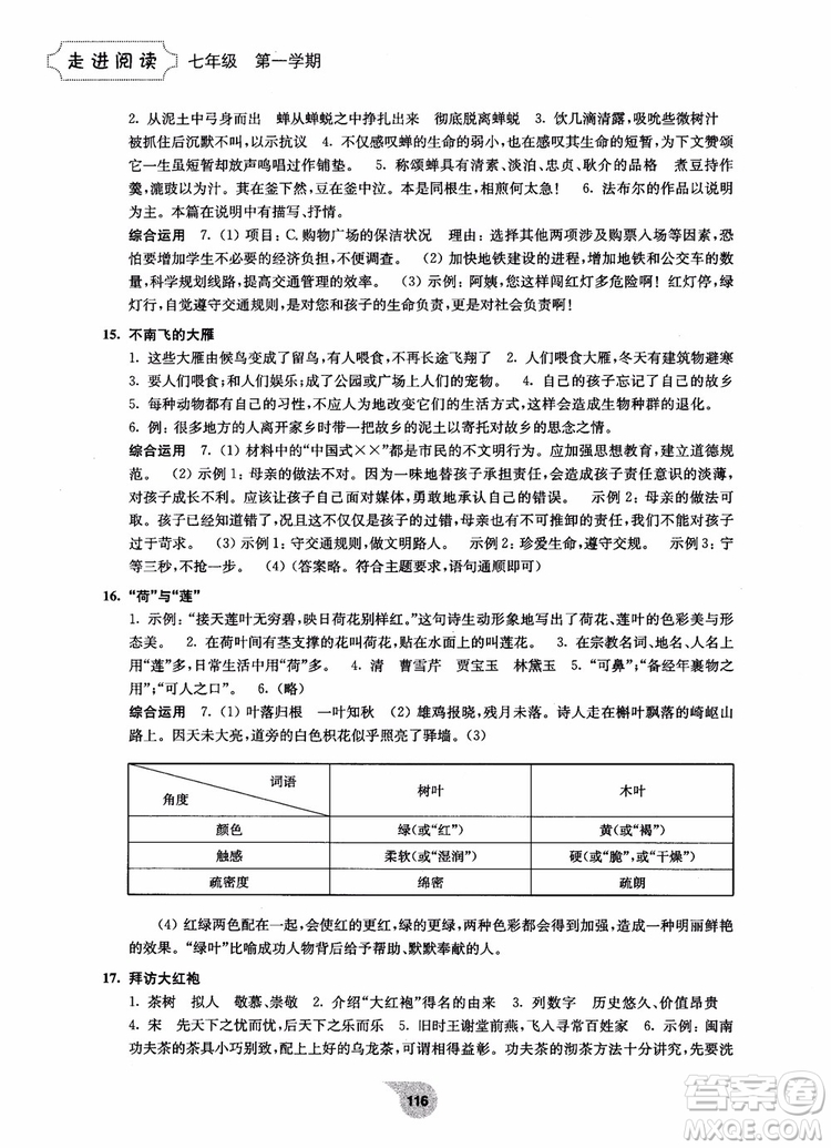 2018走進(jìn)閱讀七年級(jí)第一學(xué)期初中語(yǔ)文閱讀訓(xùn)練精選參考答案