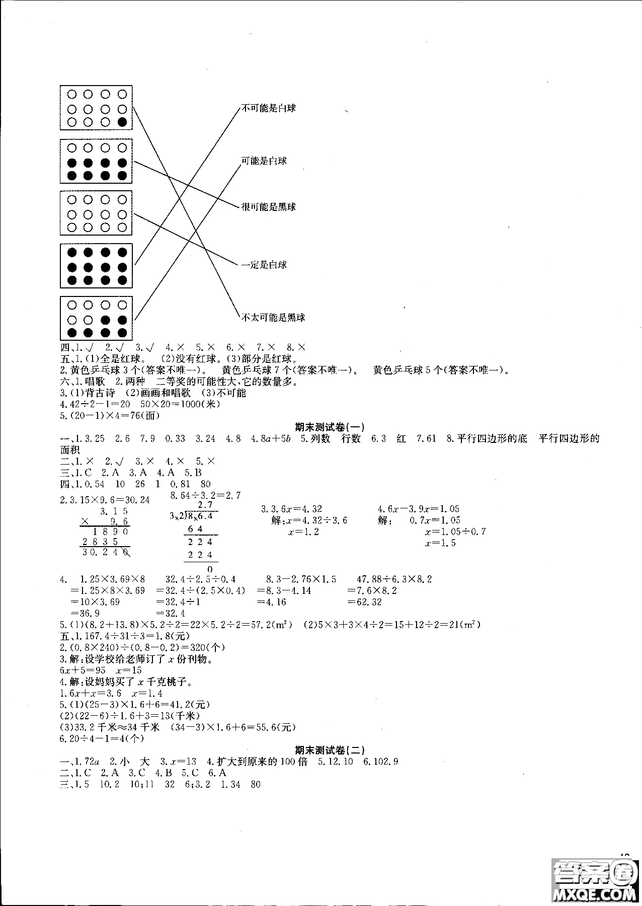 2018年一通百通核心測考卷數(shù)學(xué)五年級上人教版參考答案