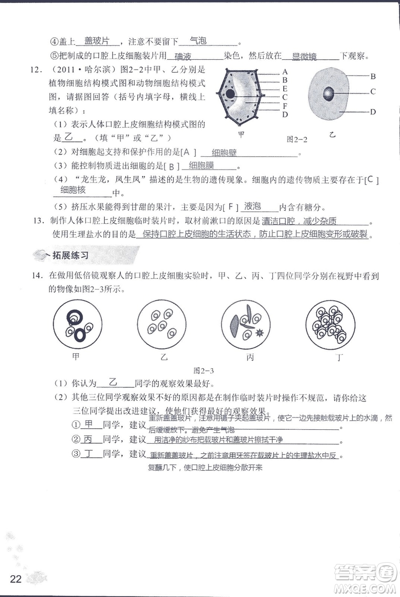 2018秋知識與能力訓練生物學七年級上冊人教版答案