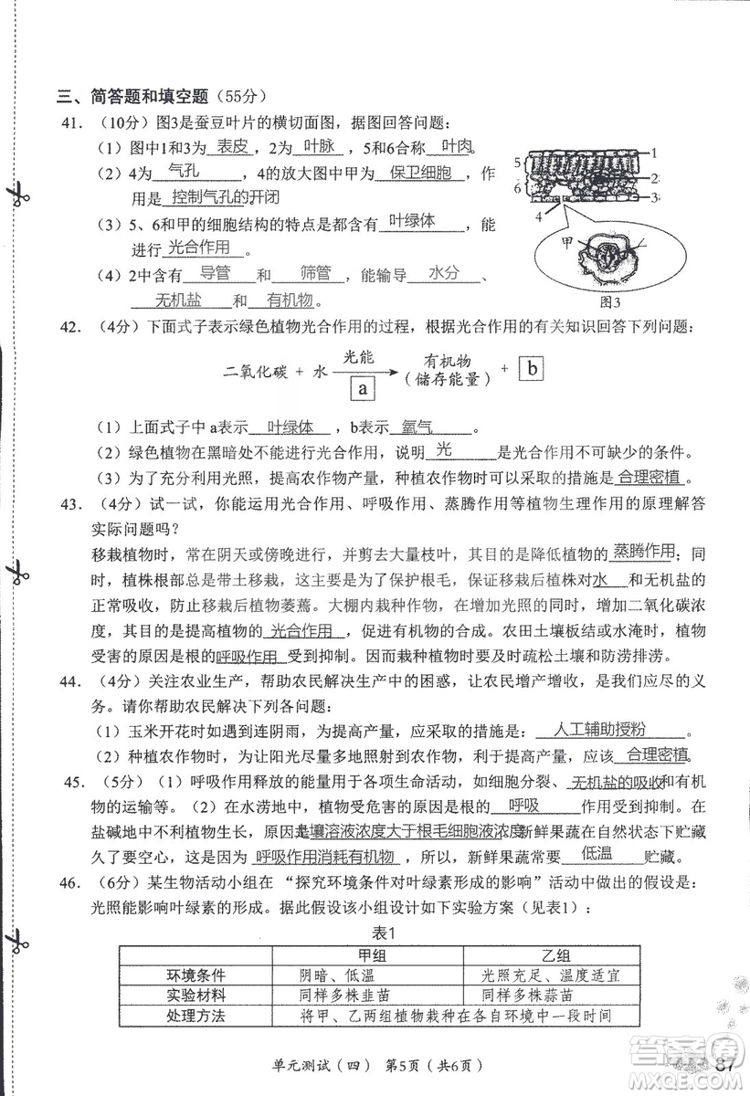 2018秋知識與能力訓練生物學七年級上冊人教版答案