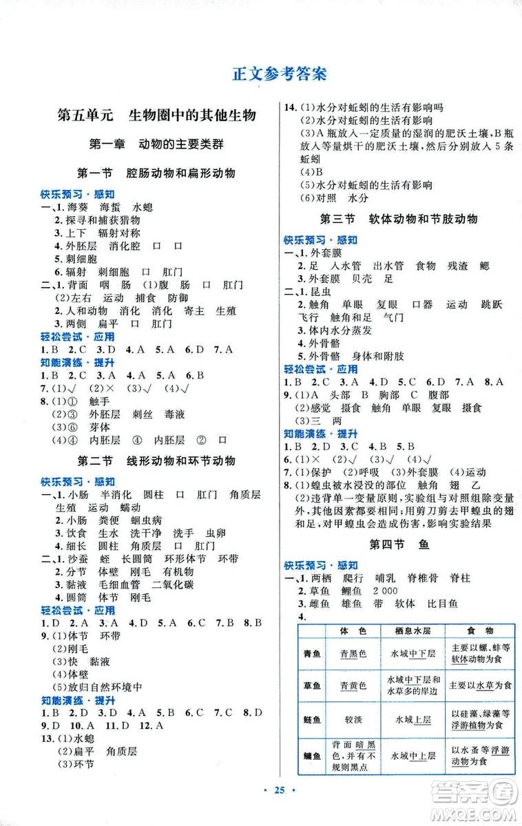 福建專版初中同步測控優(yōu)化設(shè)計(jì)2018年八年級(jí)上冊生物學(xué)人教版答案