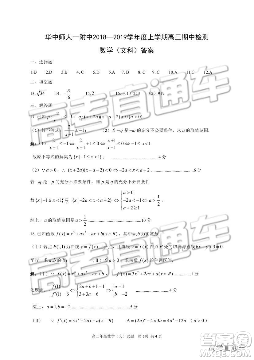 華中師大一附中2018—2019學(xué)年度上學(xué)期高三期中檢測(cè)文科數(shù)學(xué)試題及參考答案