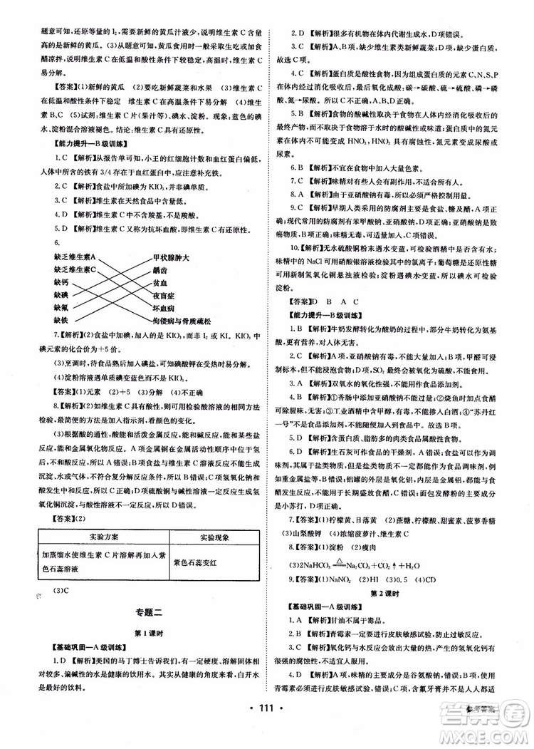 2018年系統(tǒng)集成高中新課程同步導學練測化學選修1化學與生活參考答案