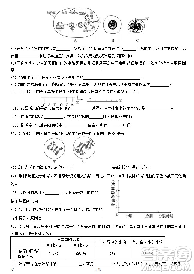 2019屆福建省泉州市泉港一中南安市國光中學(xué)高三上學(xué)期期中聯(lián)考試題生物答案