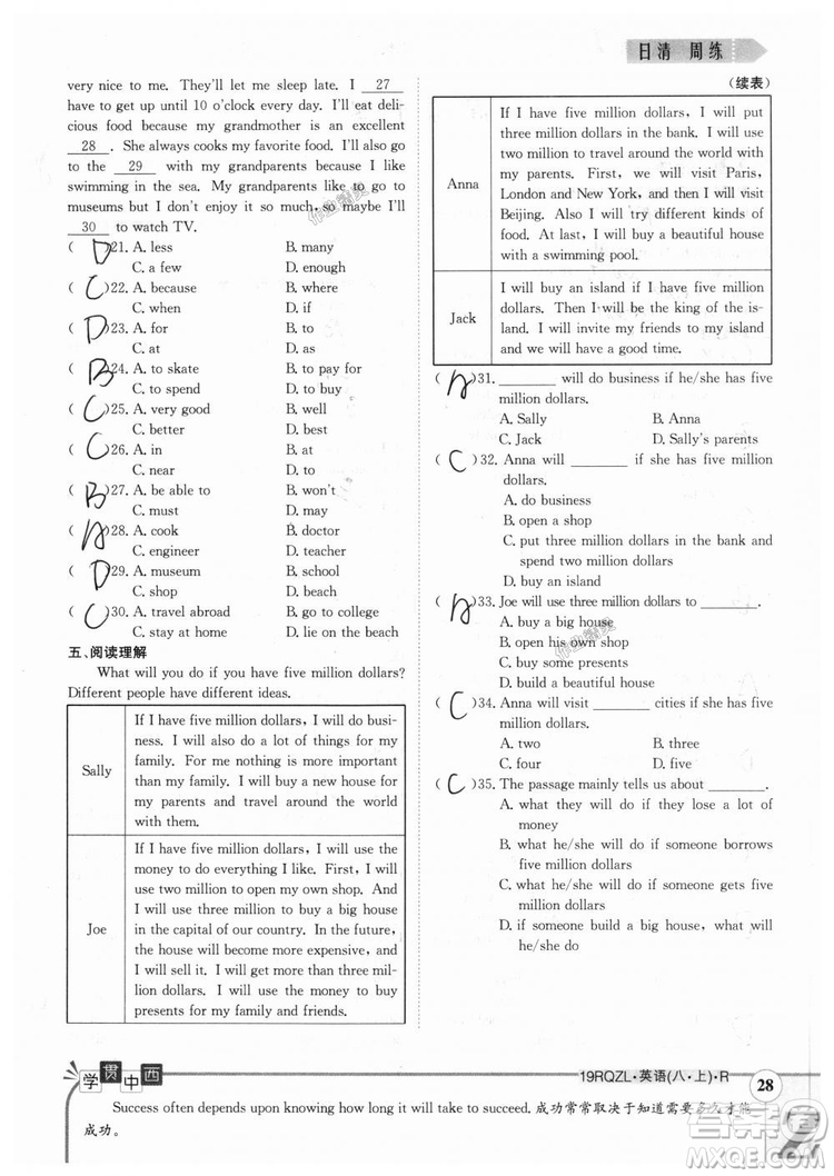 金太陽教育2019新版日清周練八年級(jí)英語上冊(cè)人教版參考答案