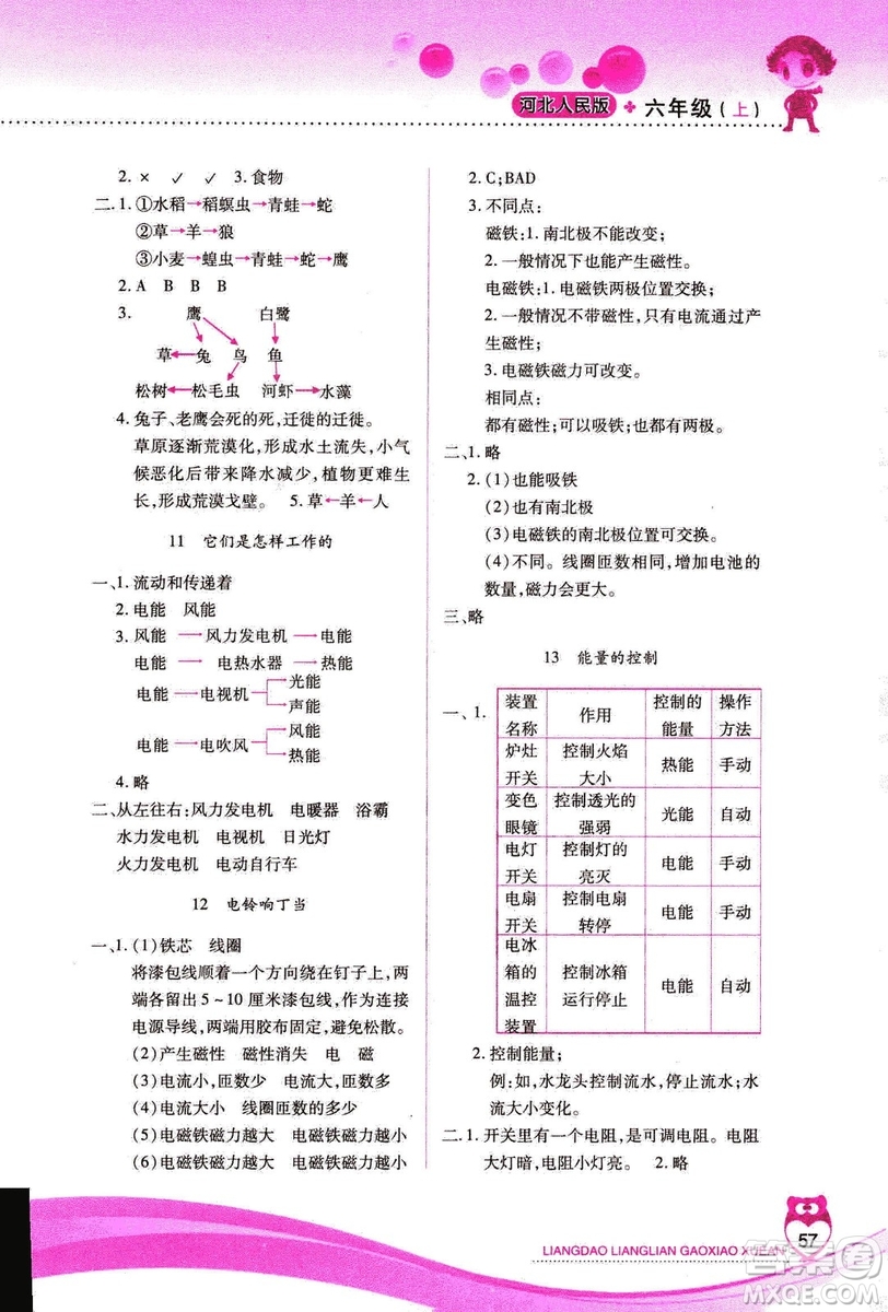 河北人民版2018年新課標(biāo)兩導(dǎo)兩練高效學(xué)案六年級(jí)上冊(cè)科學(xué)答案