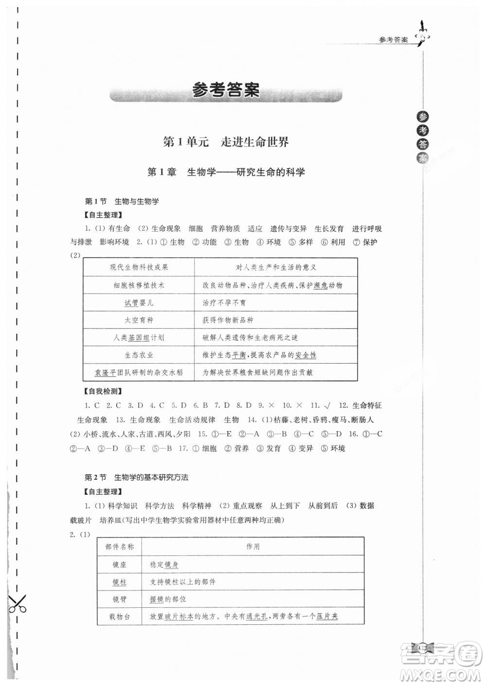 2018秋蘇教版學習與評價7年級上冊生物學答案