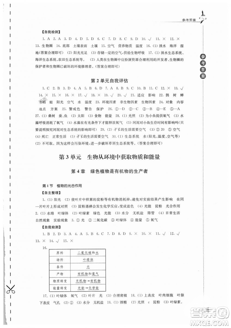 2018秋蘇教版學習與評價7年級上冊生物學答案