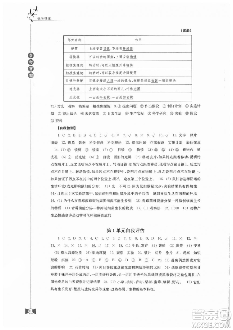 2018秋蘇教版學習與評價7年級上冊生物學答案