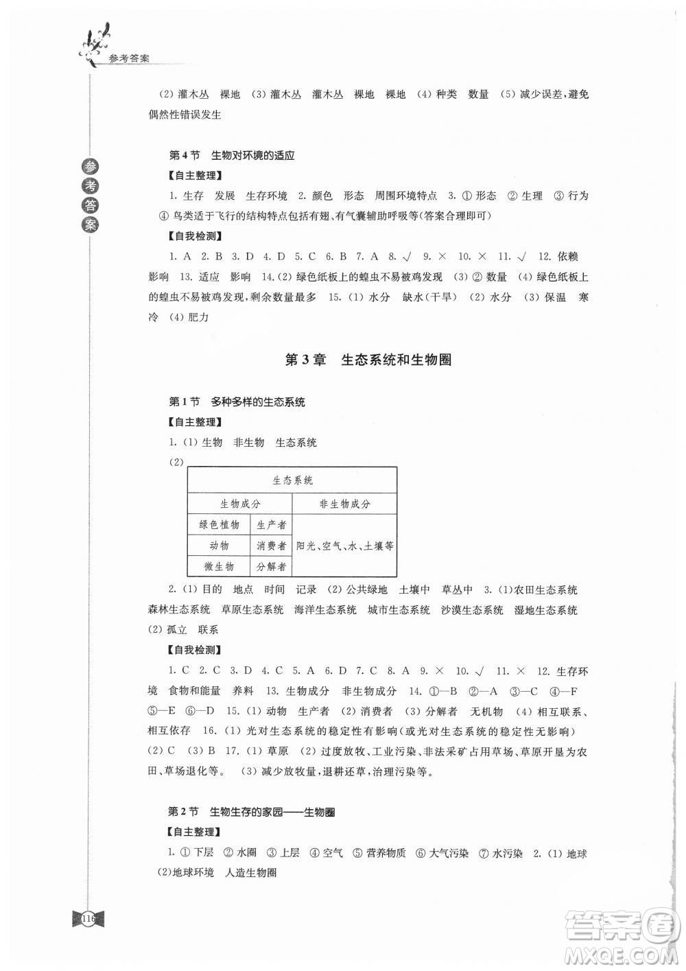 2018秋蘇教版學習與評價7年級上冊生物學答案