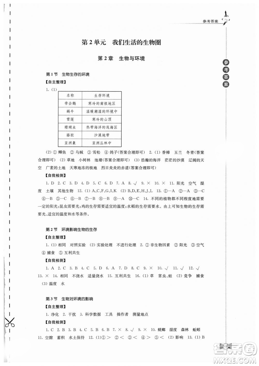 2018秋蘇教版學習與評價7年級上冊生物學答案