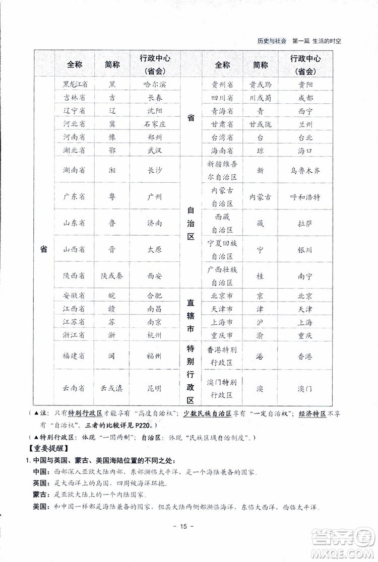 2018楊柳文化歷史與社會思想品德中考總復習學習手冊考點解讀省考點版參考答案