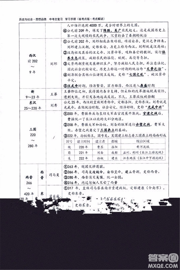 2018楊柳文化歷史與社會思想品德中考總復習學習手冊考點解讀省考點版參考答案