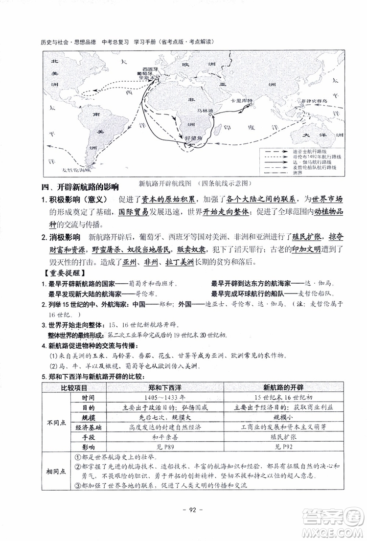 2018楊柳文化歷史與社會思想品德中考總復習學習手冊考點解讀省考點版參考答案