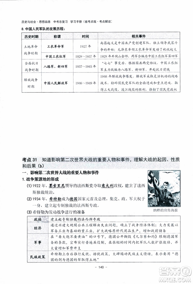 2018楊柳文化歷史與社會思想品德中考總復習學習手冊考點解讀省考點版參考答案