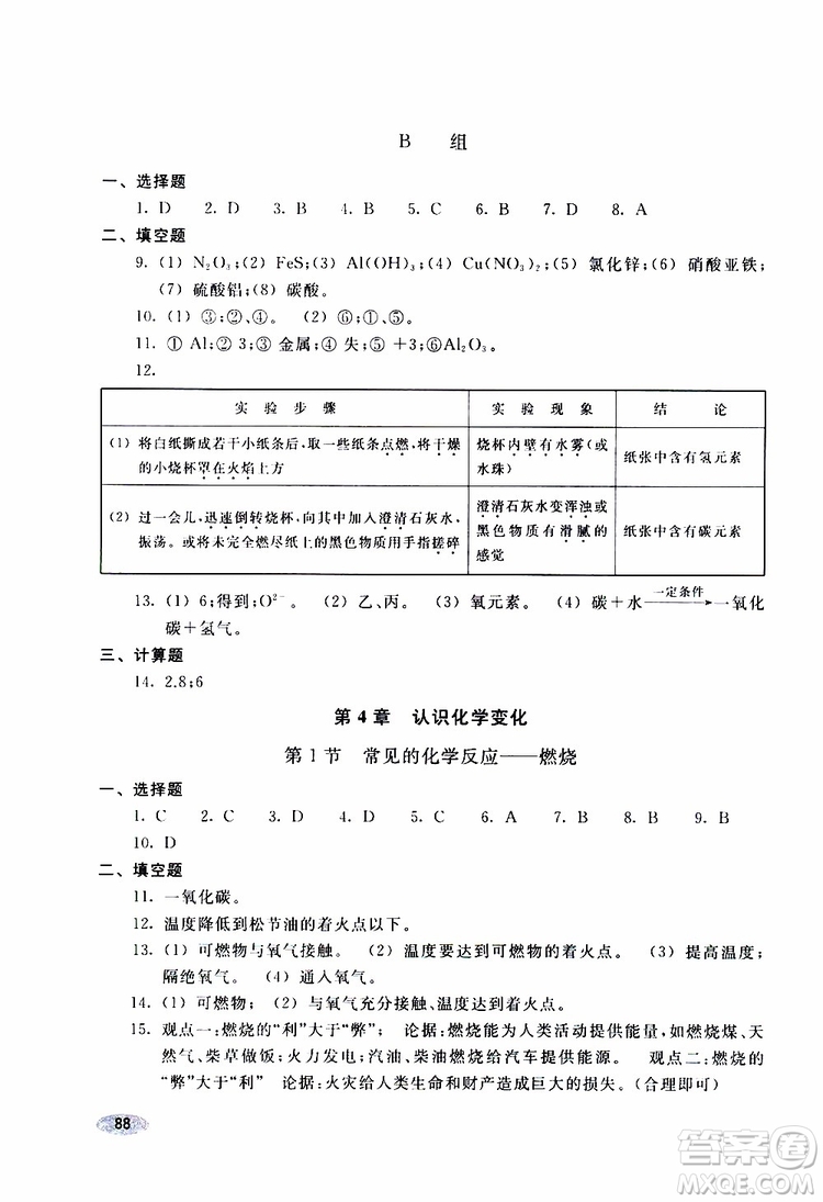 2018版化學(xué)九年級(jí)上冊(cè)學(xué)生同步學(xué)習(xí)手冊(cè)參考答案