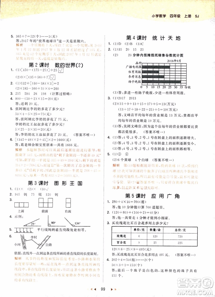 2018新版53天天練四年級上冊數學蘇教版SJ參考答案