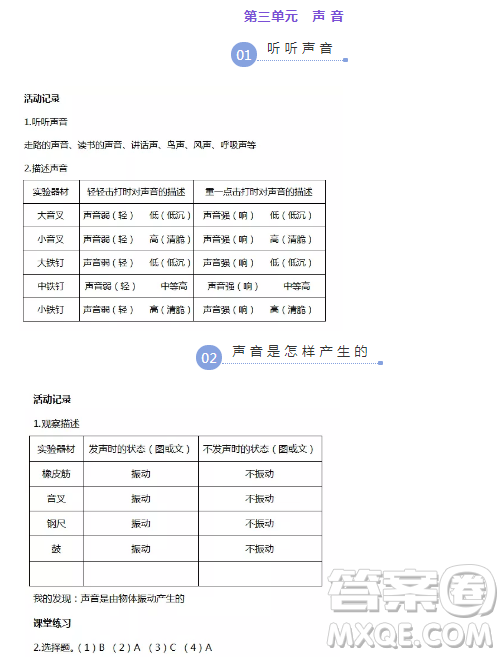 2018浙江四年級(jí)上冊(cè)科學(xué)作業(yè)本第三單元答案