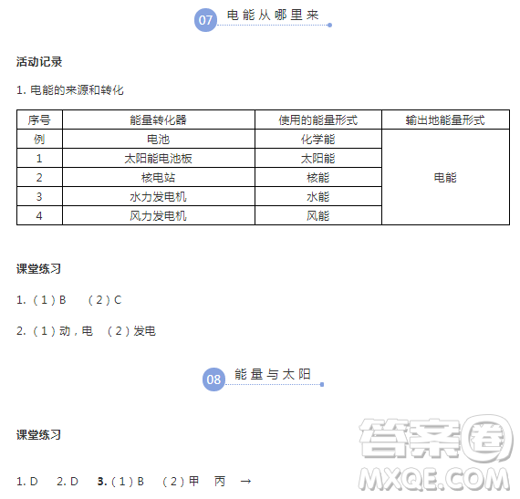 浙江教育出版社2018升級(jí)版科學(xué)作業(yè)本六年級(jí)上冊(cè)第三單元答案