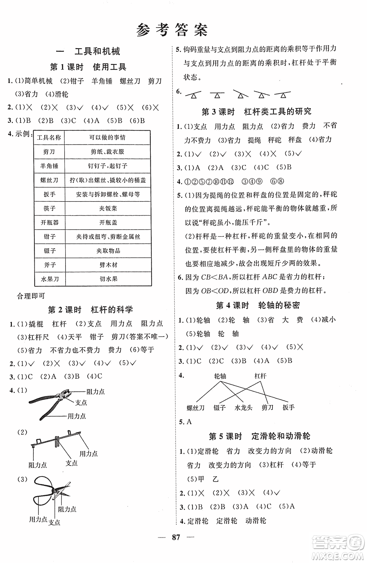 宇軒圖書2018陽(yáng)光課堂課時(shí)優(yōu)化作業(yè)科學(xué)六年級(jí)上冊(cè)JK教科版參考答案