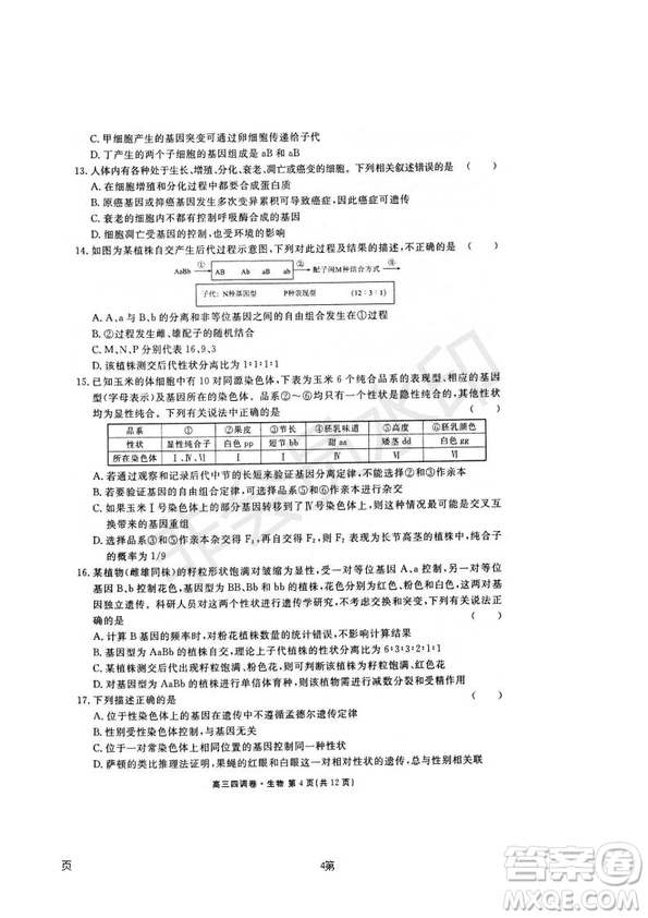 2019屆河北省衡水中學高三上學期四調(diào)考試生物試題及答案