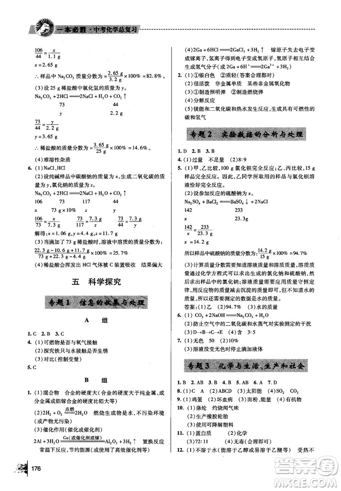 2018年一本必勝中考總復習金版化學參考答案