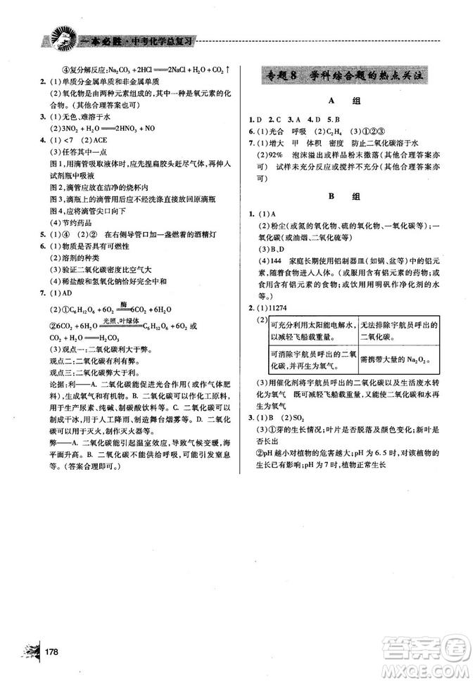 2018年一本必勝中考總復習金版化學參考答案