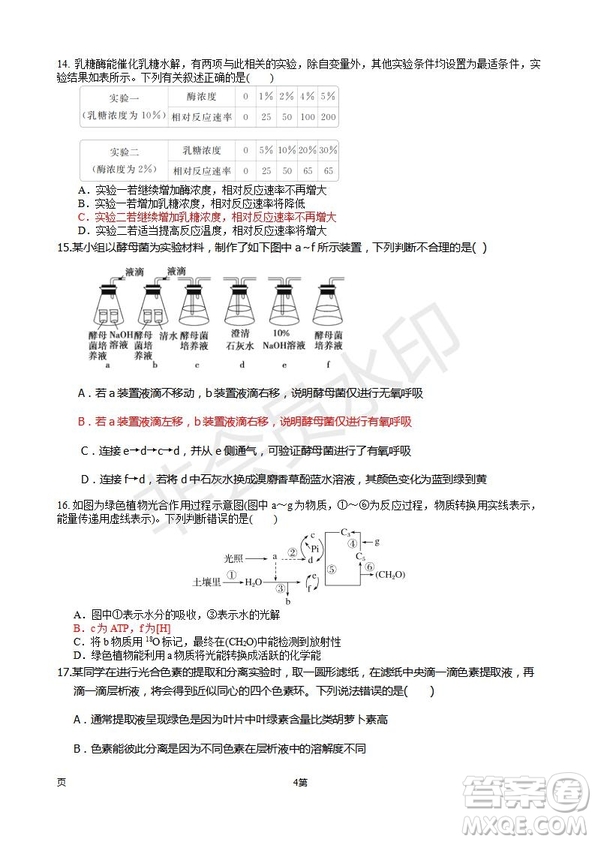 2019屆福建省師大附中高三上學(xué)期期中考試生物試題及答案