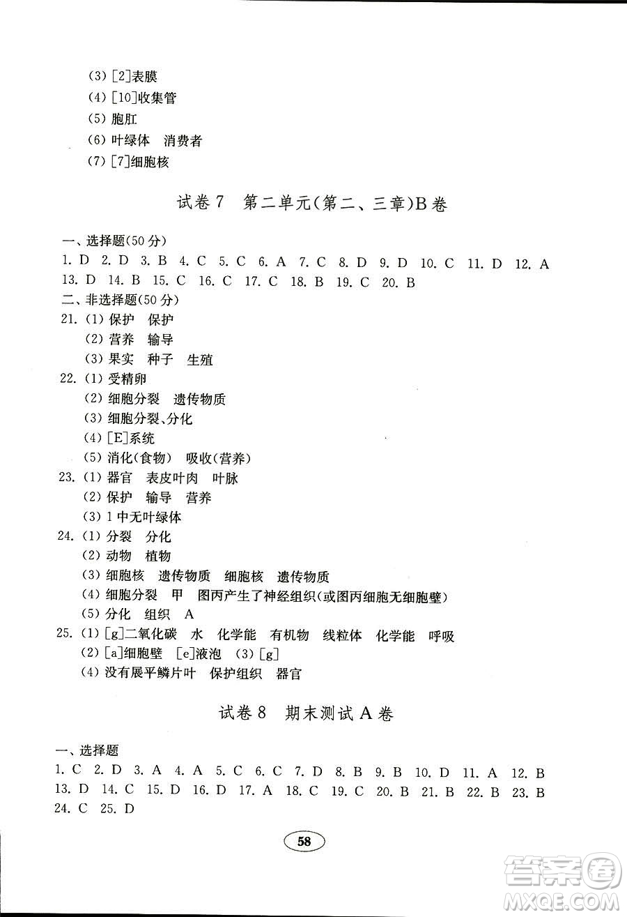 2018秋金鑰匙試卷五四制魯科版六年級上冊生物學參考答案