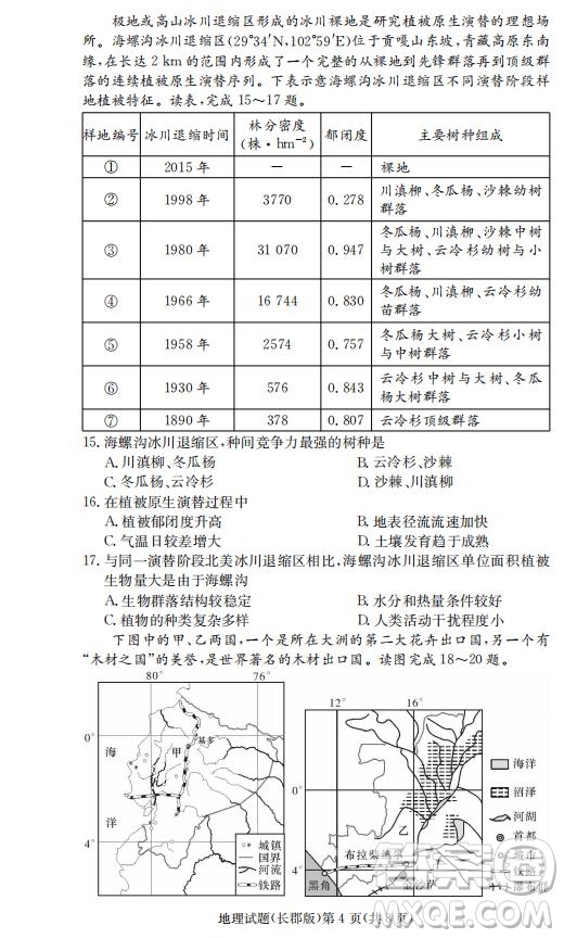 湖南省長郡中學2019屆高三12月月考地理答案