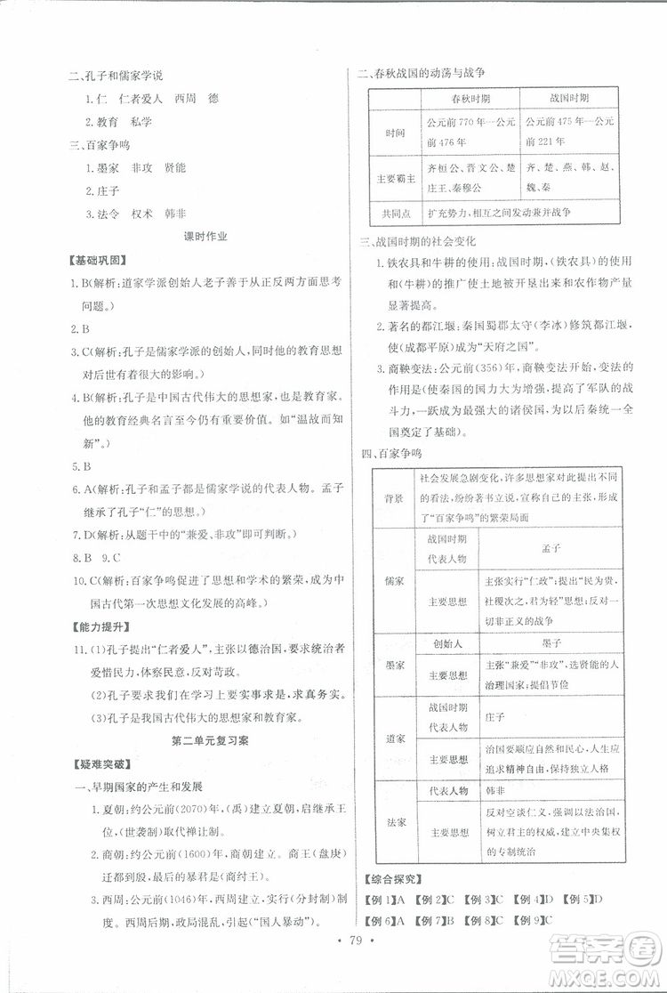 9787535392442長江全能學(xué)案歷史七年級上冊同步練習(xí)冊2018版參考答案