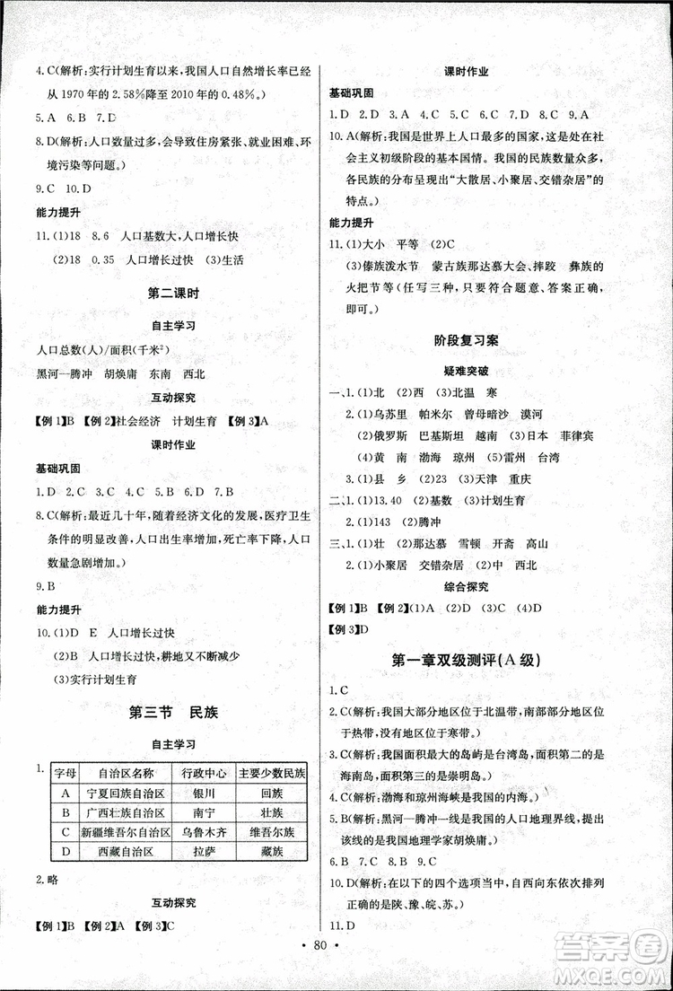 2018年長江全能學(xué)案地理八年級(jí)上冊(cè)同步練習(xí)冊(cè)人教版參考答案