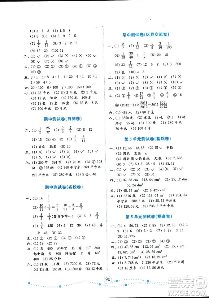 2018秋小學(xué)數(shù)學(xué)六年級上冊金版人教版金鑰匙試卷9787532898701參考答案