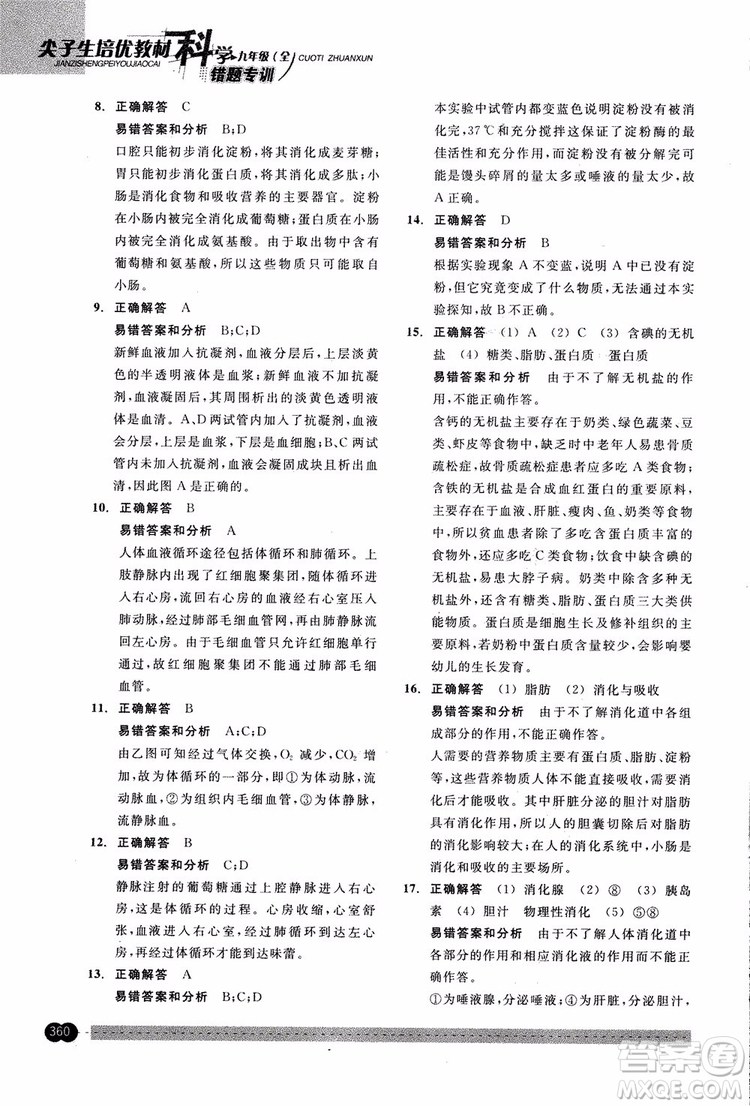 2018年尖子生培優(yōu)教材錯(cuò)題專訓(xùn)九年級(jí)科學(xué)全一冊(cè)參考答案