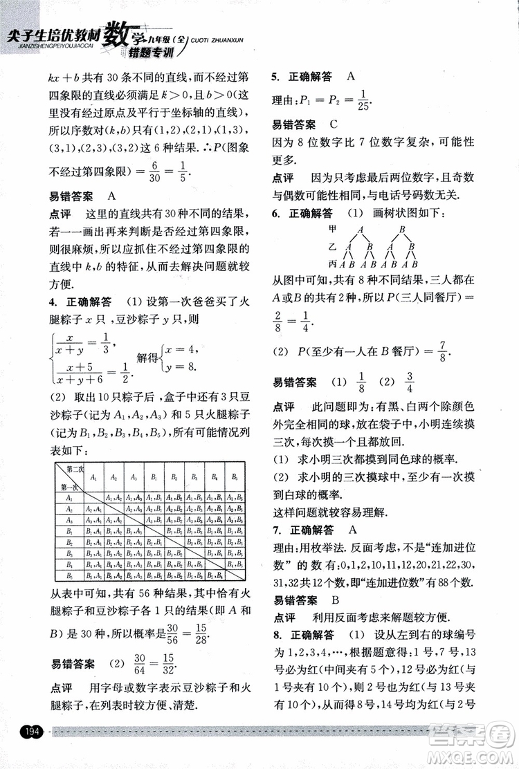 2018年尖子生培優(yōu)教材錯題專訓九年級全一冊數(shù)學參考答案