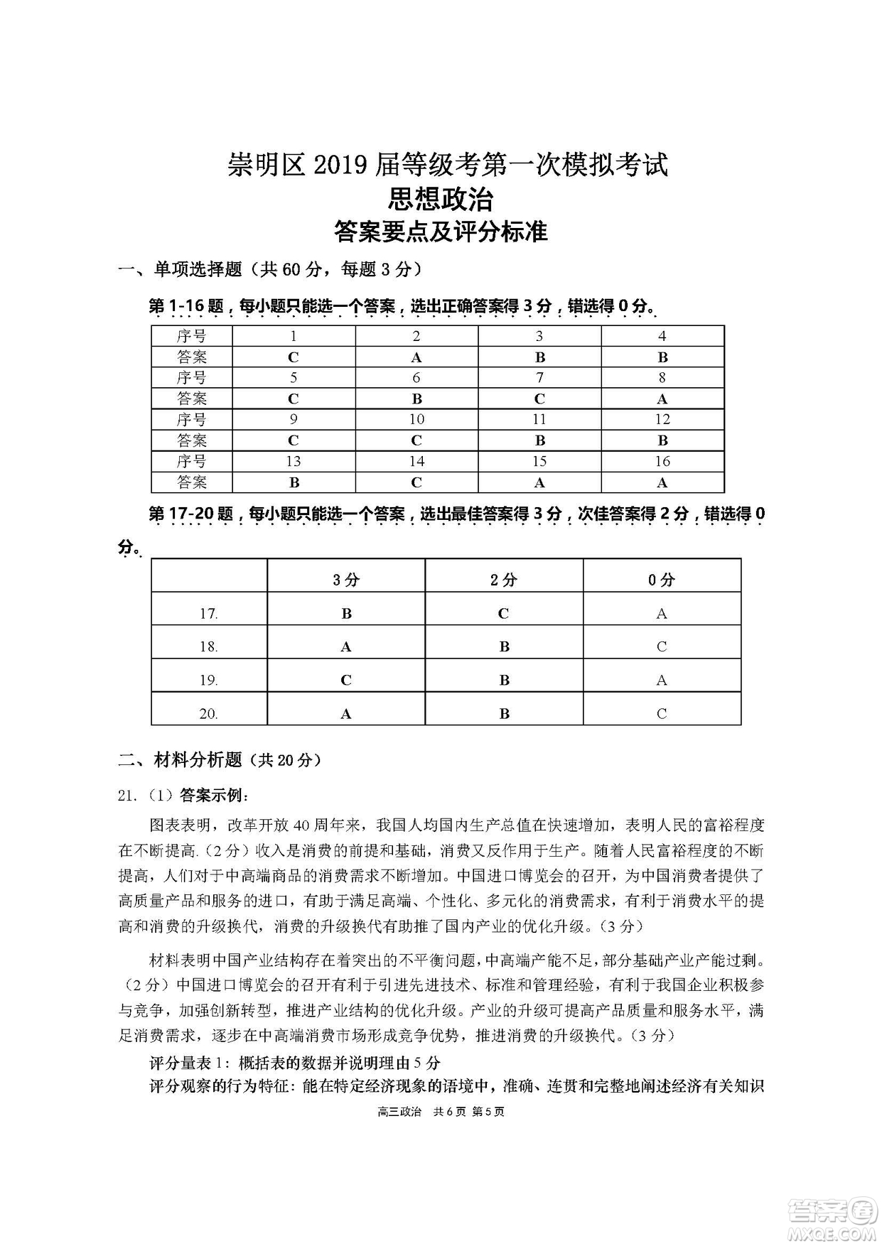 2019屆上海崇明高三政治一模試卷答案