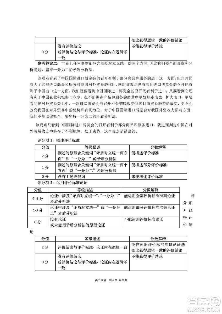 2019屆上海崇明高三政治一模試卷答案