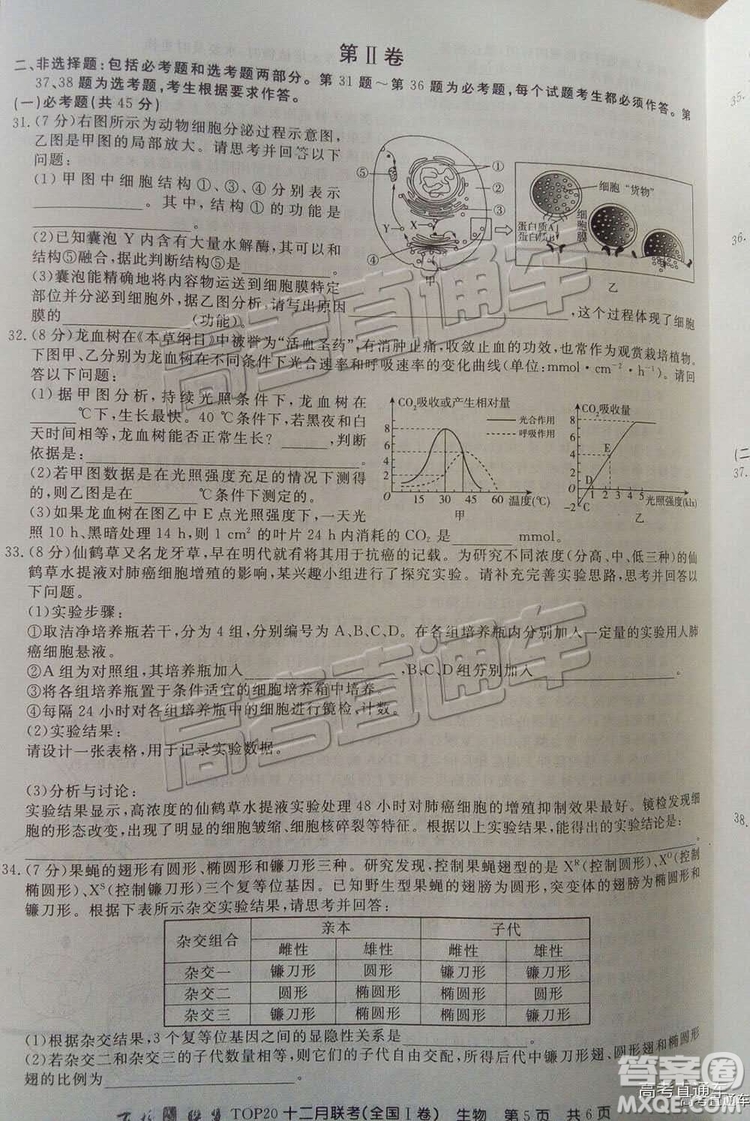 百校聯(lián)盟2019屆TOP20十二月聯(lián)考全國Ⅰ卷生物試卷及參考答案