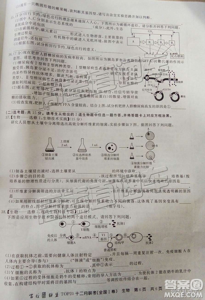 百校聯(lián)盟2019屆TOP20十二月聯(lián)考全國Ⅰ卷生物試卷及參考答案