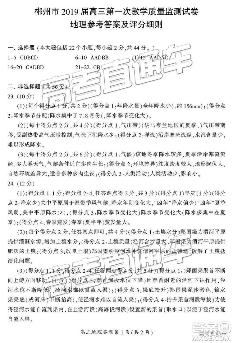 2019屆湖南省郴州市高三第一次質(zhì)量檢測文綜試題及參考答案