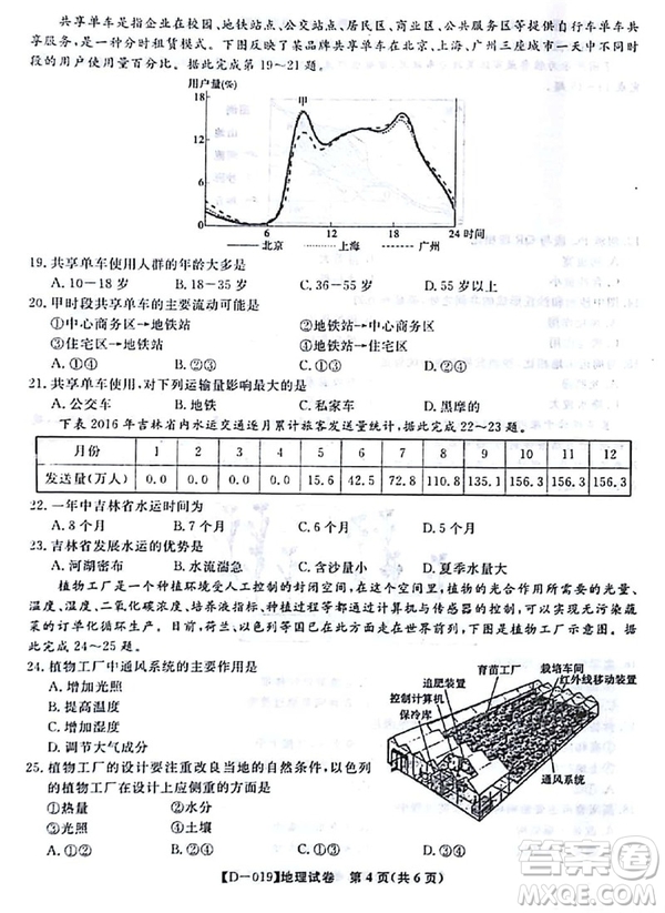 2019屆安徽江淮名校高三12月聯(lián)考地理試卷答案