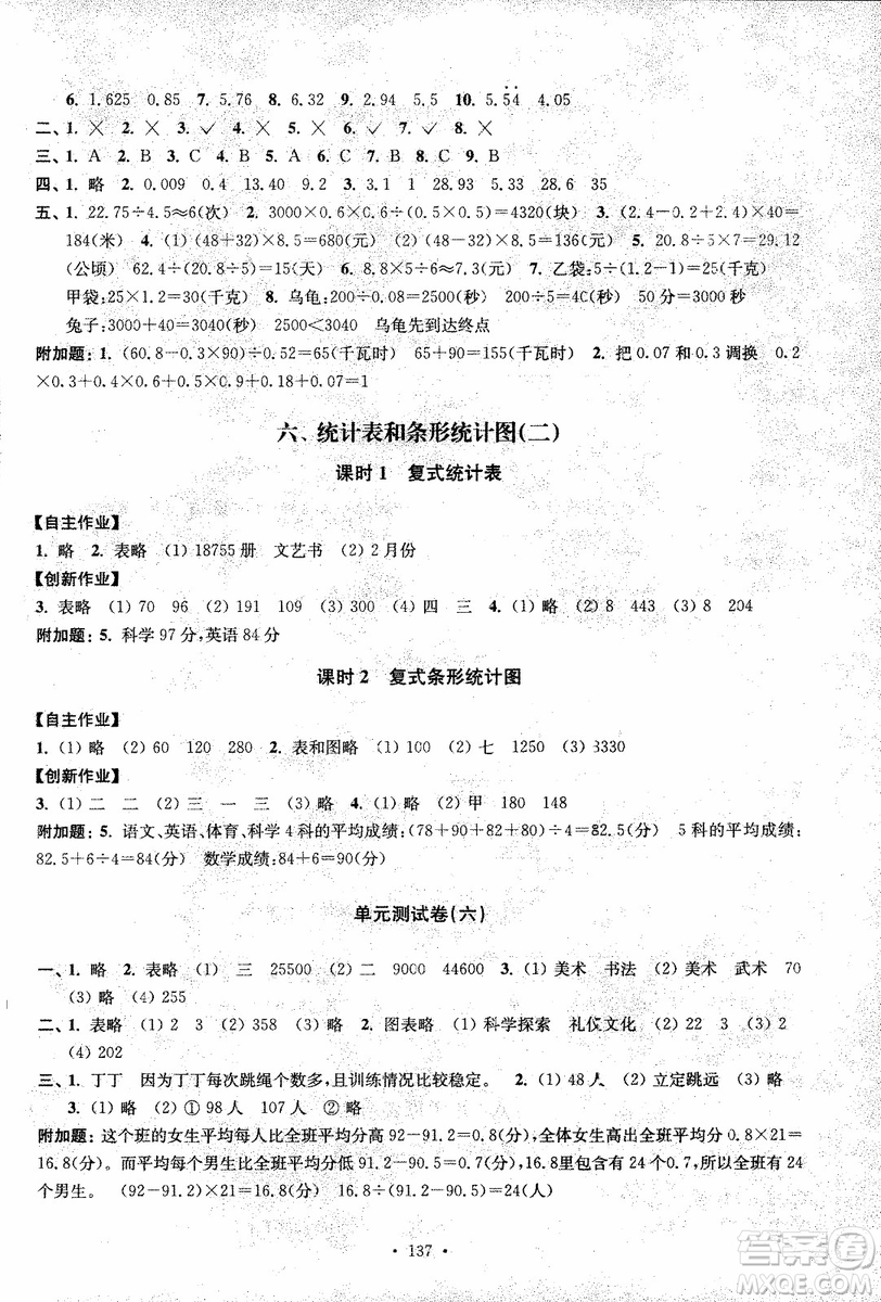 2018年秋高分拔尖課時作業(yè)小學(xué)數(shù)學(xué)五年級上冊江蘇版參考答案