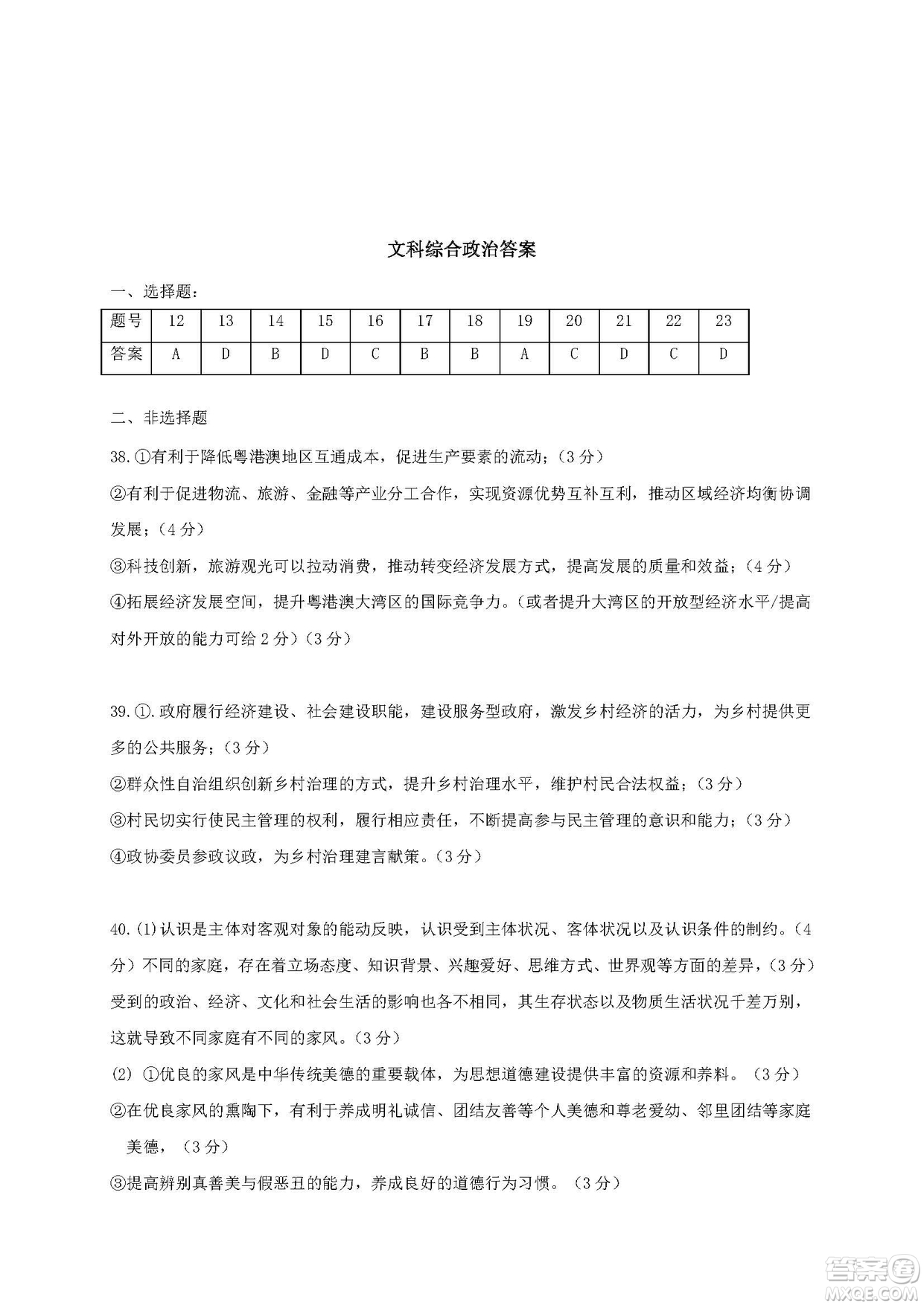 2019屆廣東深圳高級(jí)中學(xué)高三12月考文綜答案