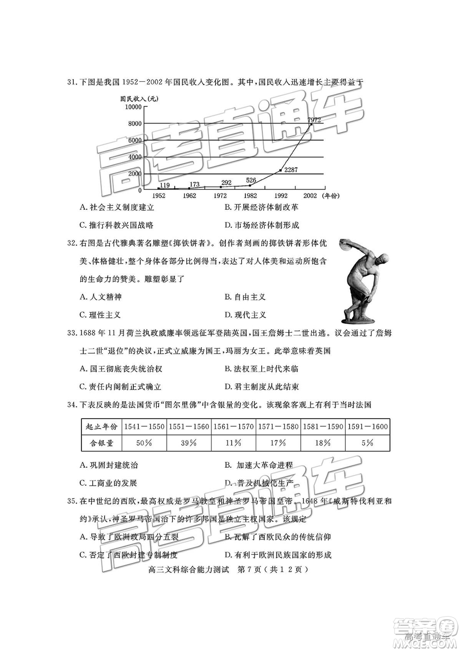 2019四川省樂山市高中第一次調(diào)查研究考試文綜試題及參考答案