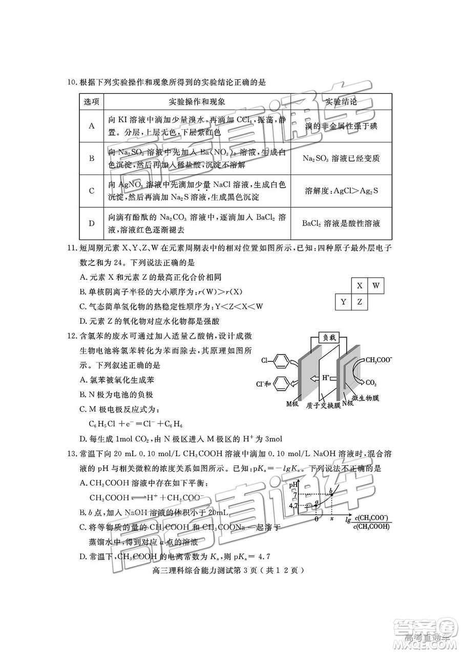 四川省樂山市高中2019屆第一次調(diào)查研究考試?yán)砭C試題及參考答案