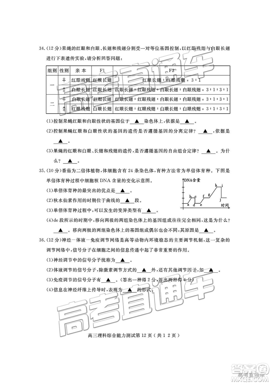 四川省樂山市高中2019屆第一次調(diào)查研究考試?yán)砭C試題及參考答案