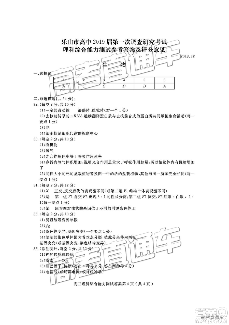 四川省樂山市高中2019屆第一次調(diào)查研究考試?yán)砭C試題及參考答案