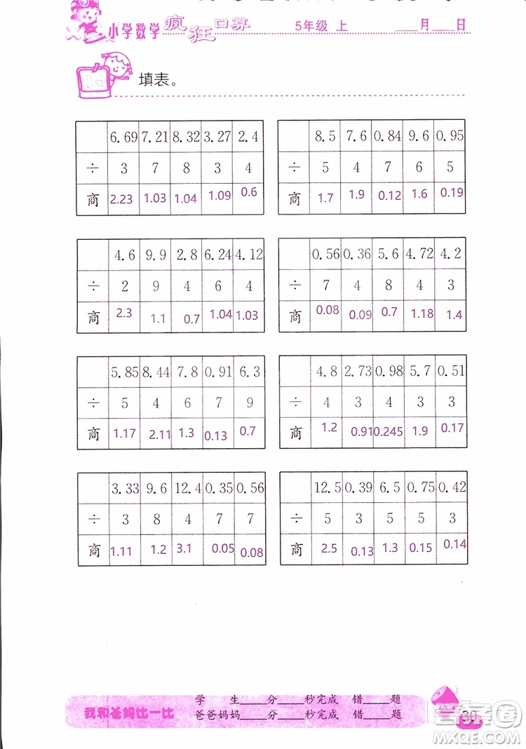 2019版津橋教育瘋狂口算小學(xué)數(shù)學(xué)五年級(jí)參考答案