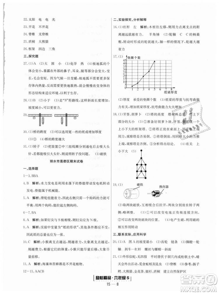 9787544965453勵(lì)耘書業(yè)2018教科版浙江期末六年級(jí)上科學(xué)參考答案