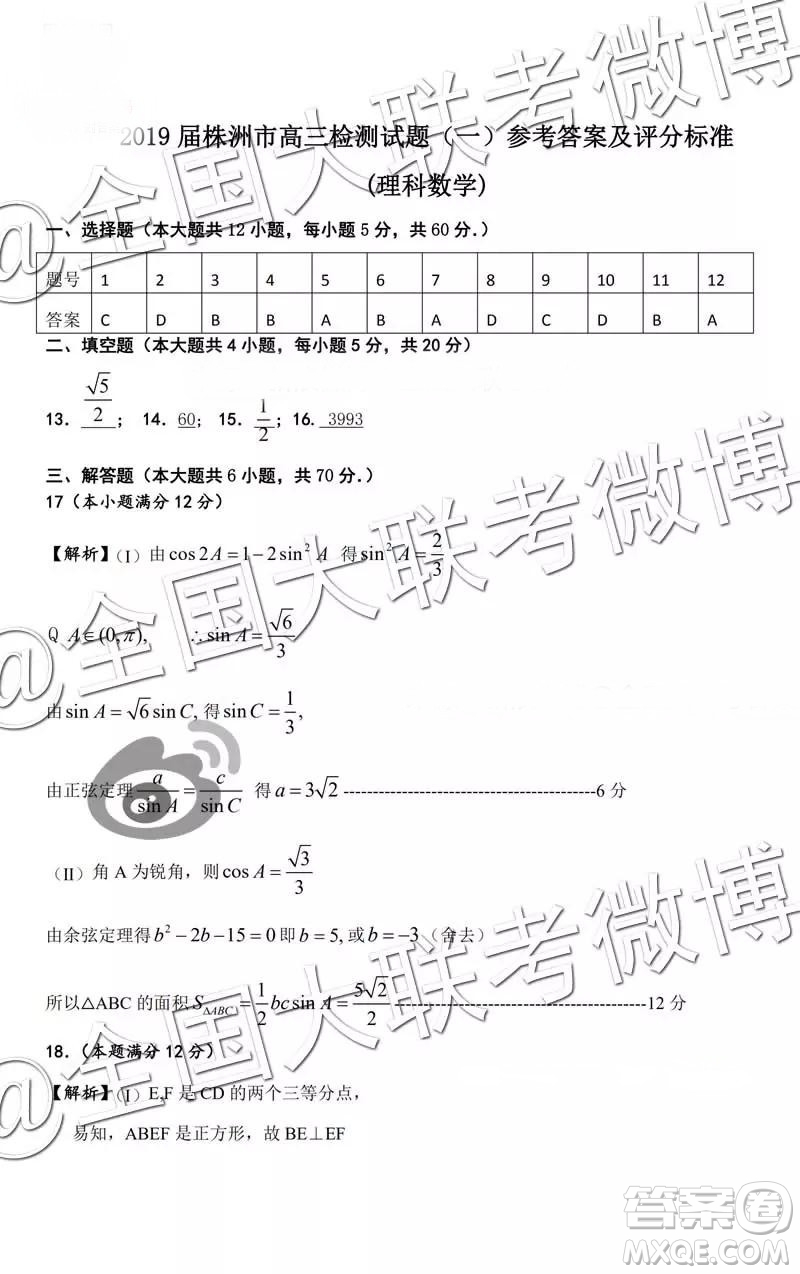 2019屆高三株洲一模理數(shù)參考答案